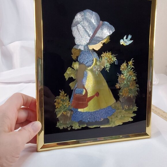 VTG 1951 Holly Hobbie Foiled Picture Tinsel Wall Art With Gold Frame Americana - Picture 11 of 16
